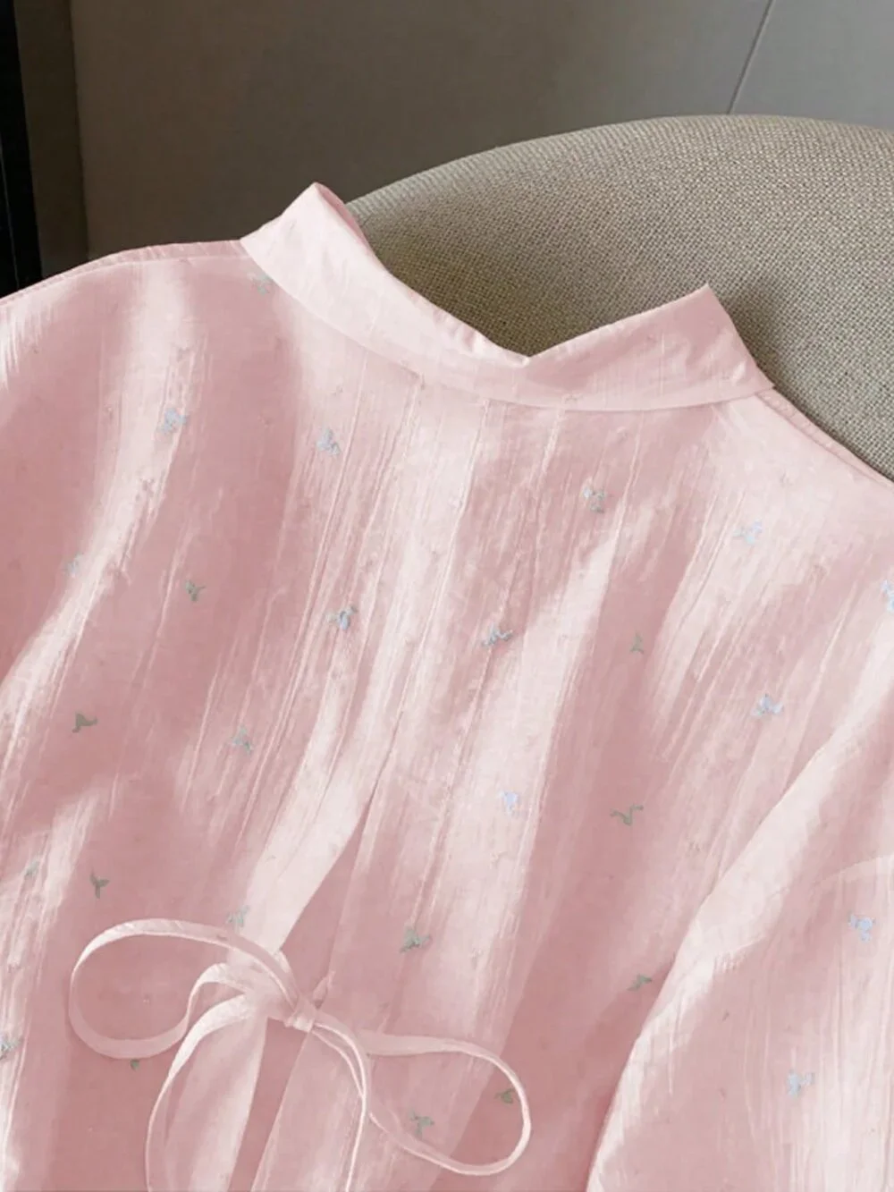Baby Pink Casual Women's Loose Thin Backless Tie Cuff Long Sleeve Blouse - Picture 5 of 7
